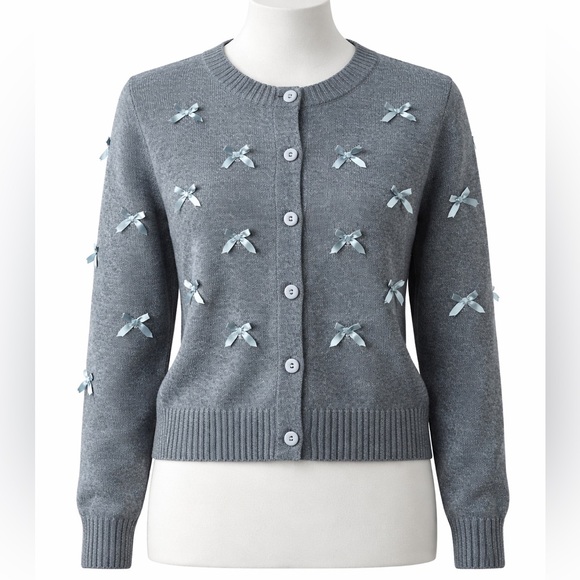 RSQ Gray Crewneck Cardigan Sweater with Bowties Sz L - Picture 1 of 7